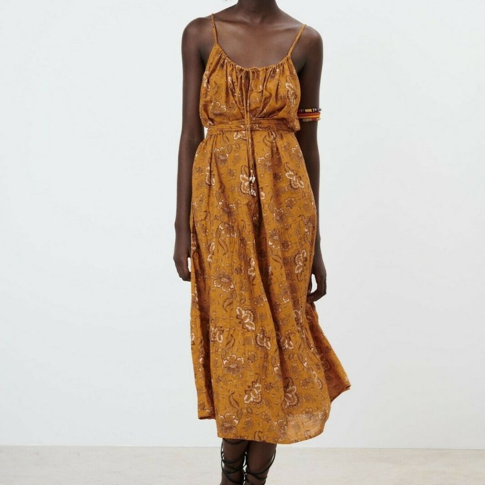 NWT ZARA PRINTED MIDI DRESS XS S OCHER | 5107/224